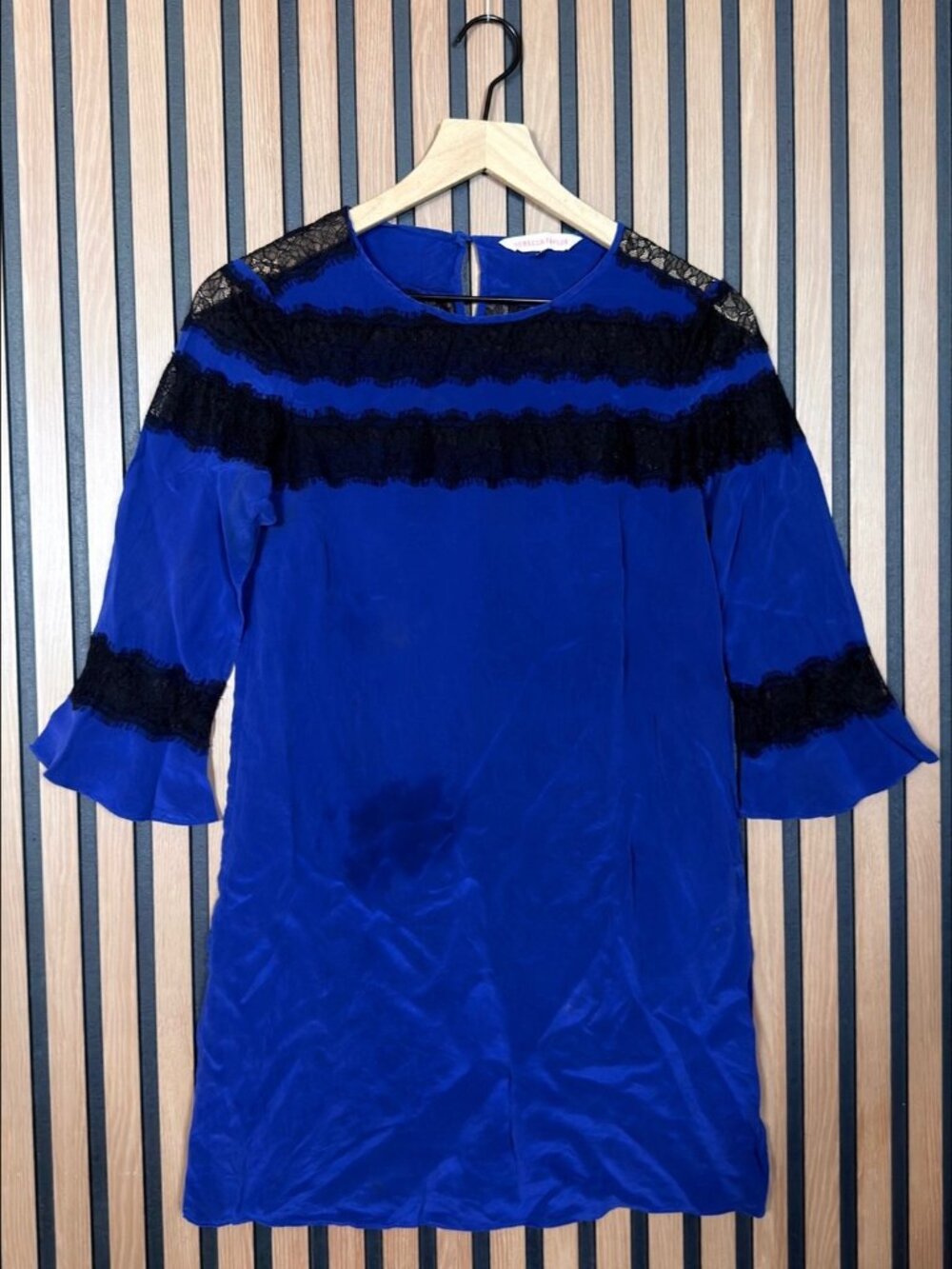 Rebecca Taylor Dress 4 Womens Blue 100% Silk Sheer Sleeves Geometric *READ